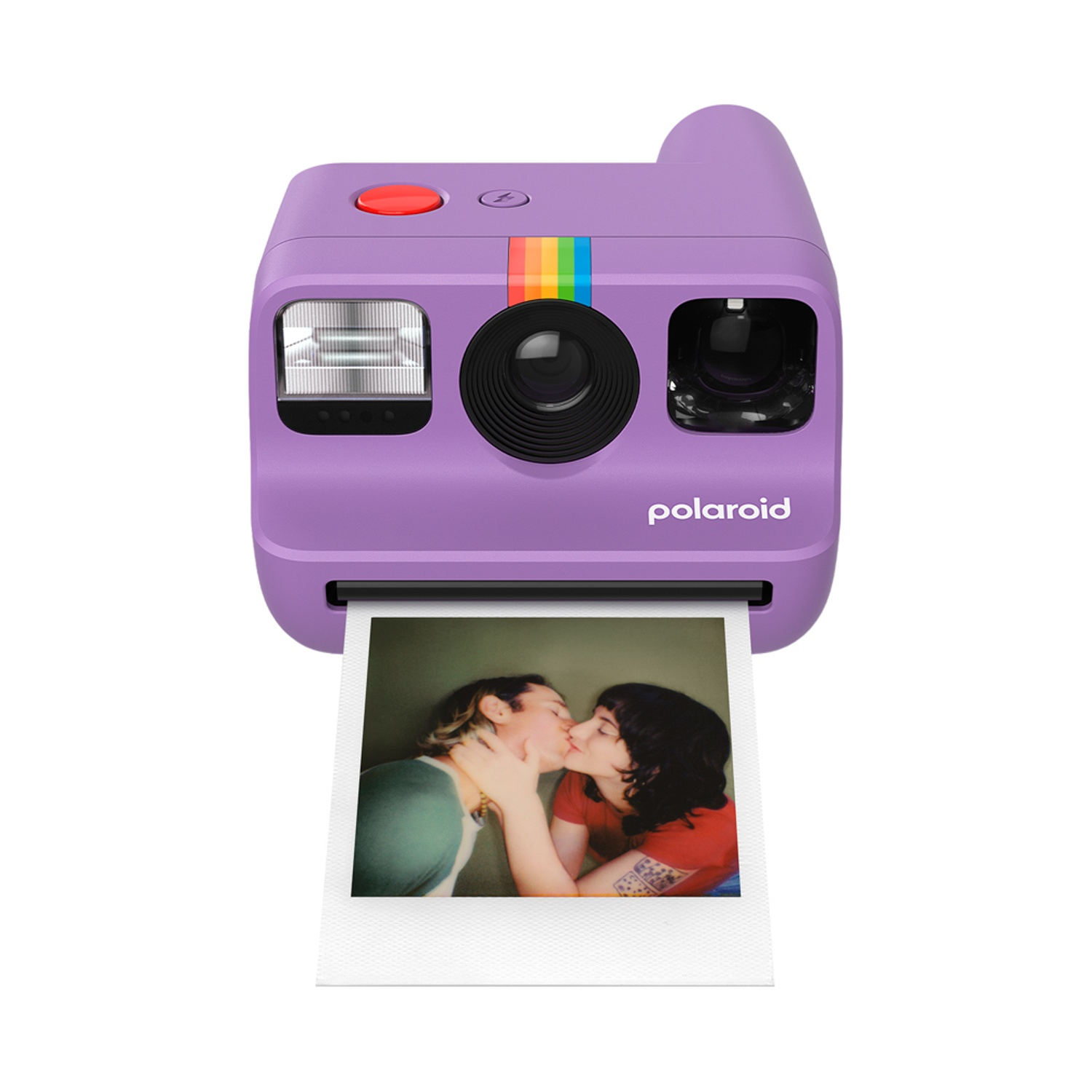Fotocamera Polaroid viola con foto di una coppia che si bacia.