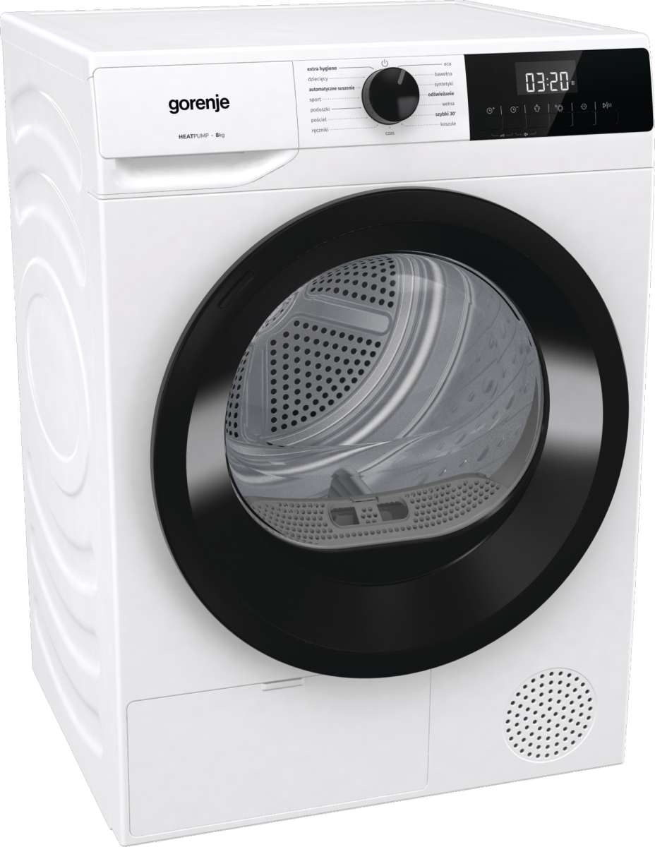 Biała suszarka z czarnymi drzwiami. Panel sterowania po prawej stronie i logo Gorenje po lewej.