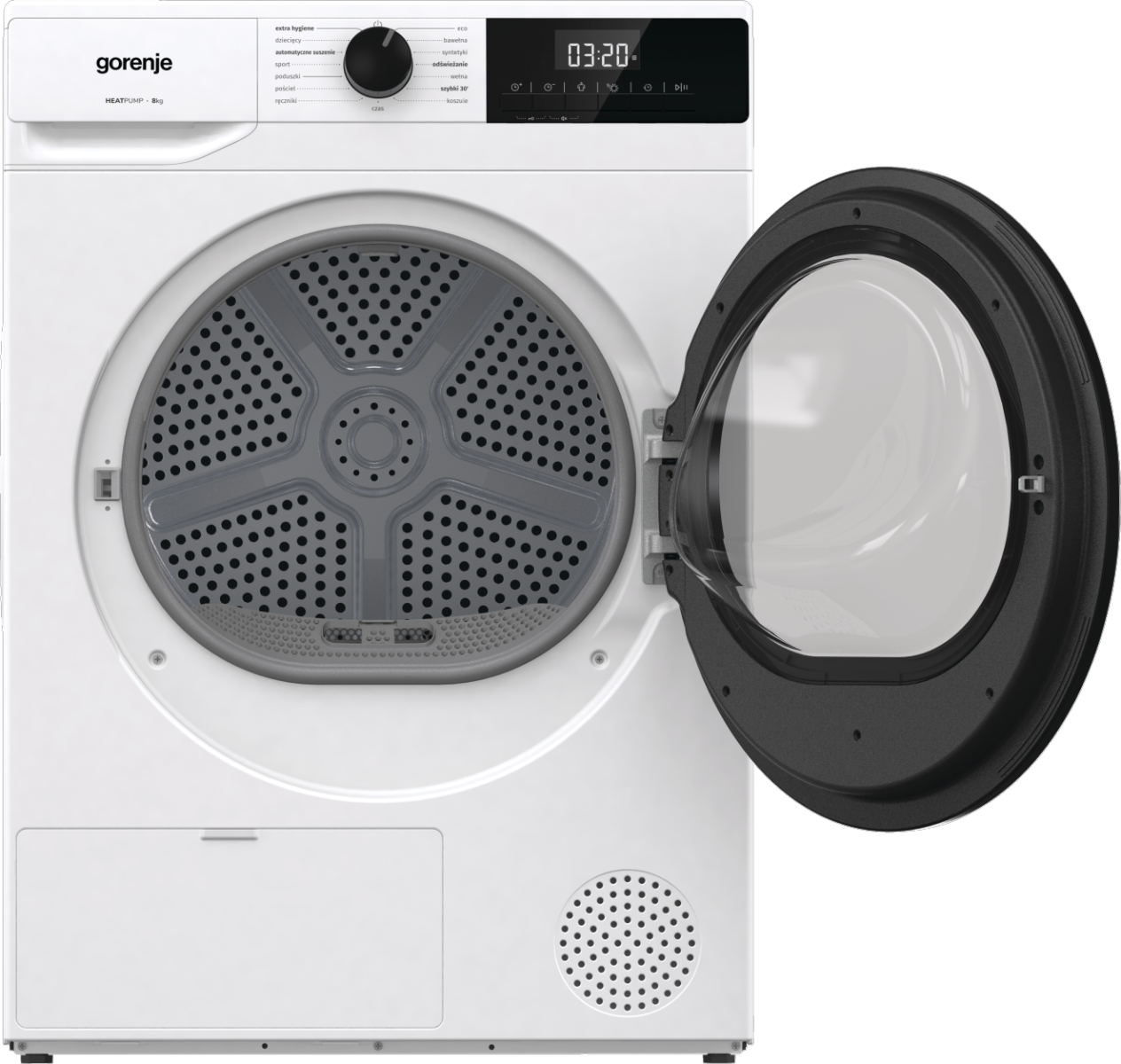 Biała suszarka Gorenje z otwartymi drzwiami, pokazująca bęben i panel sterowania.