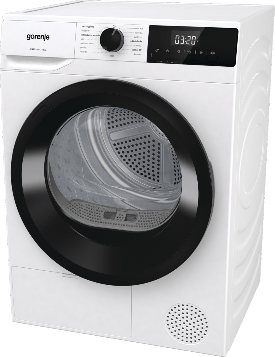 Biała suszarka z czarnym wykończeniem, otwarte drzwi. Wyświetlacz pokazuje czas.