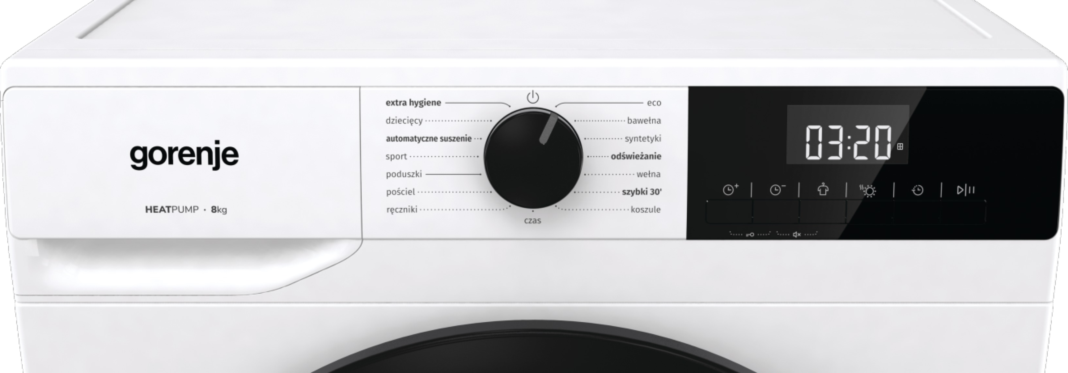 Zbliżenie białego panelu pralki Gorenje.
