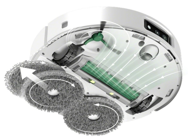Spód robota sprzątającego, pokazujący obracające się nakładki czyszczące, szczotki i wewnętrzne ścieżki przepływu powietrza.