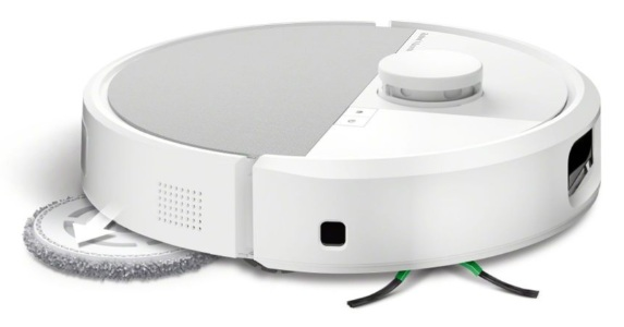 Biały robot sprzątający z szarą górą i obracającą się nakładką czyszczącą, pokazany z niskiego kąta.