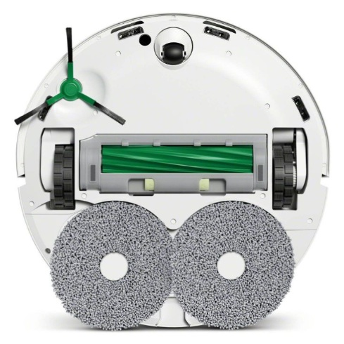 Robot odkurzający, widok od spodu pokazujący szczotki i koła.