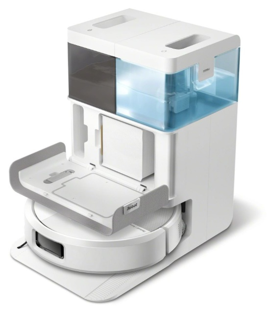 Biały robot odkurzający iRobot i jego stacja ładująca.