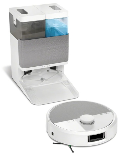 Biało-szary robot sprzątający i jego stacja ładująca na białym tle.