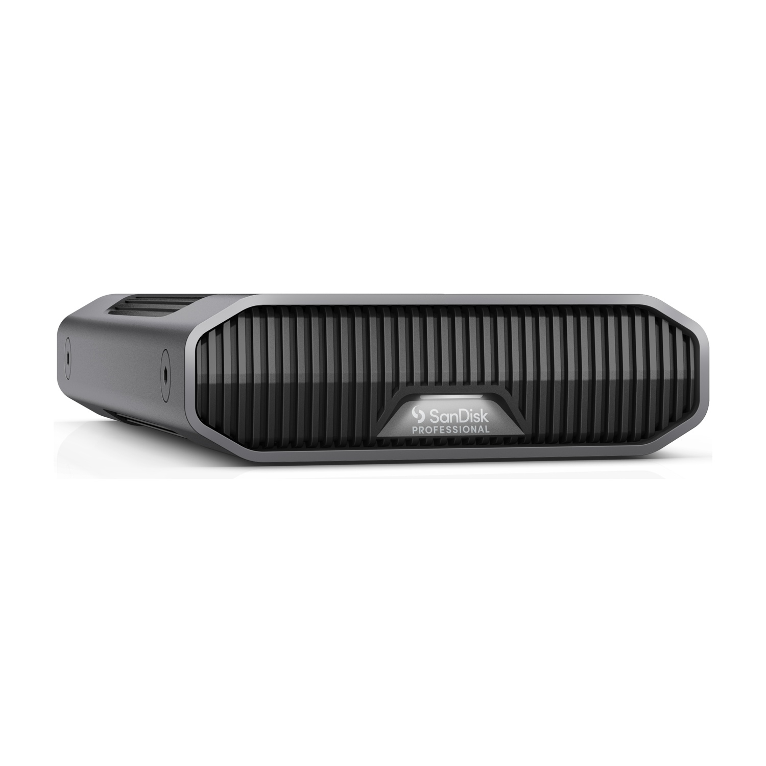 Hard disk esterno Sandisk Professional grigio. Parte superiore a coste, logo frontale.