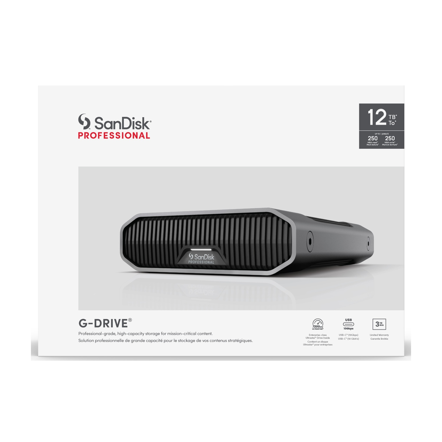 Scatola hard disk esterno Sandisk Professional. Immagine prodotto, 12 TB e funzioni.