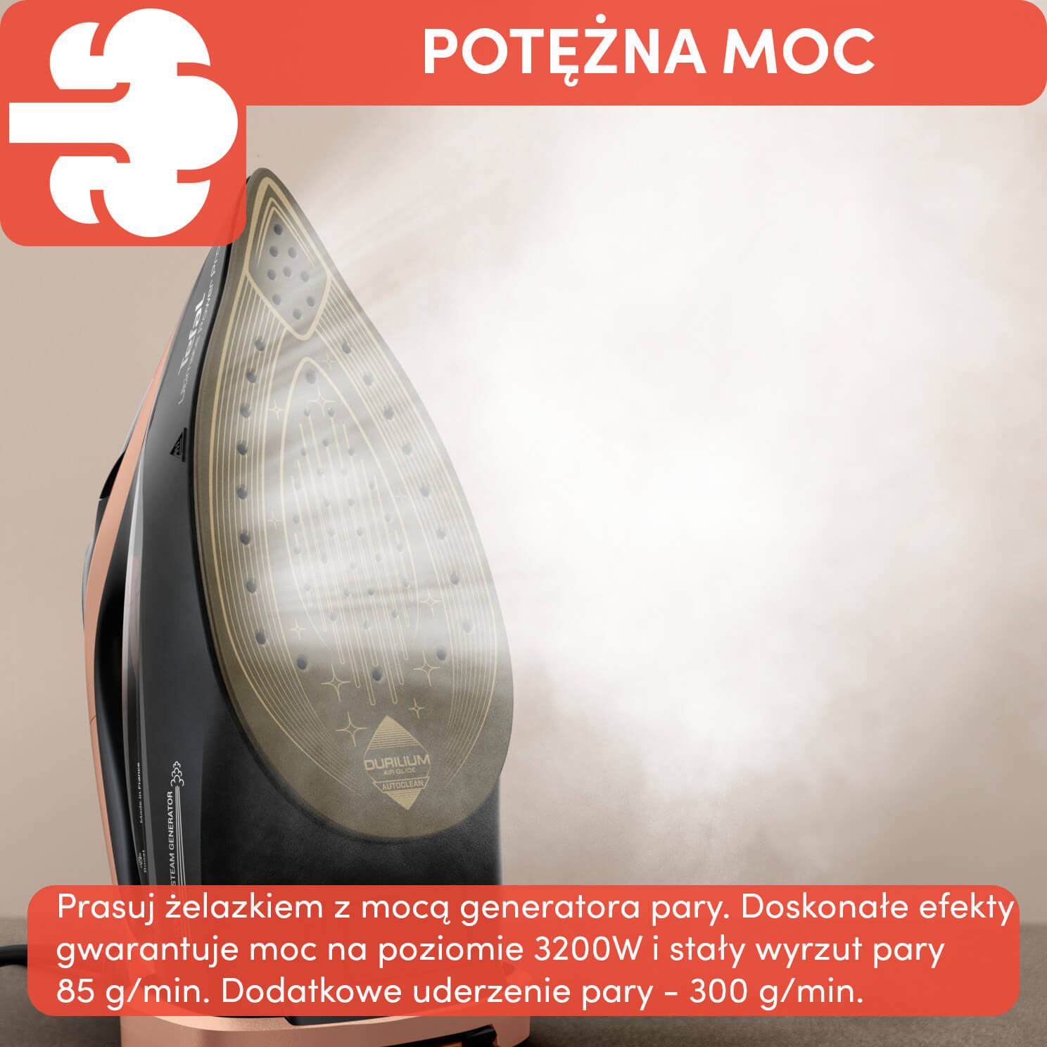 Żelazko z parą, czerwone pole tekstowe i biała grafika pary.