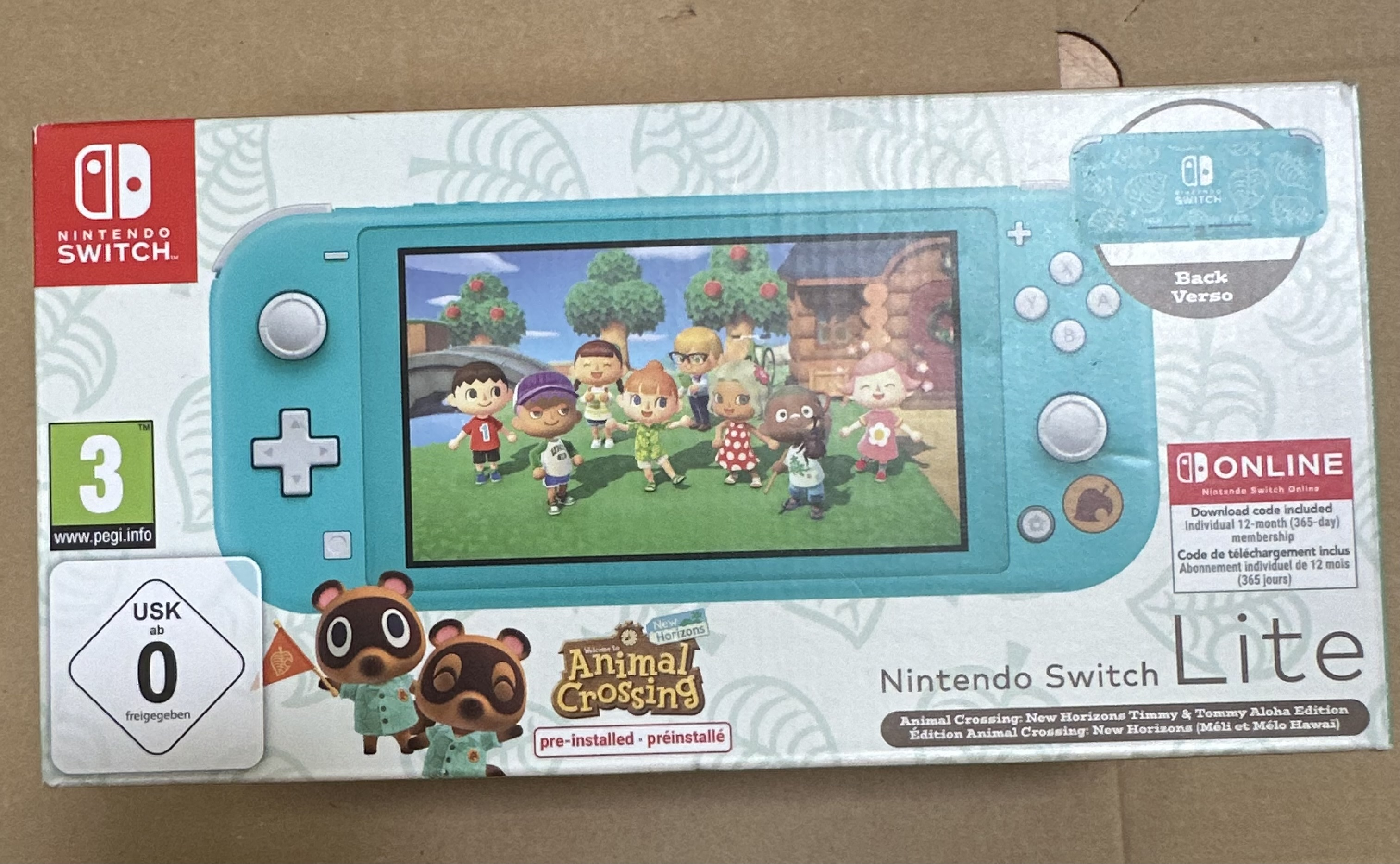 Pudełko Nintendo Switch Lite Animal Crossing, turkusowe, pokazujące grę.