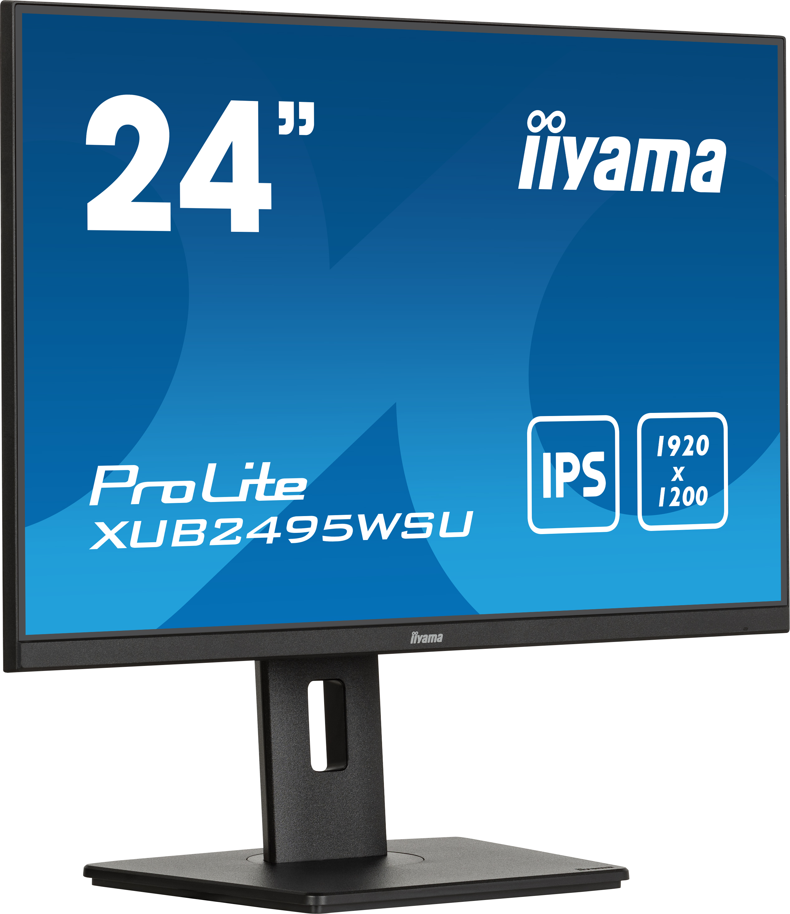 Ein Monitor mit blauem Bildschirm zeigt Produktinformationen an. Schwarzer Rahmen und Ständer.