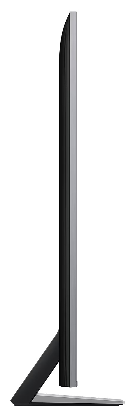 Cienki, prostokątny telewizor, widok z boku. Jest czarny ze srebrną obwódką.