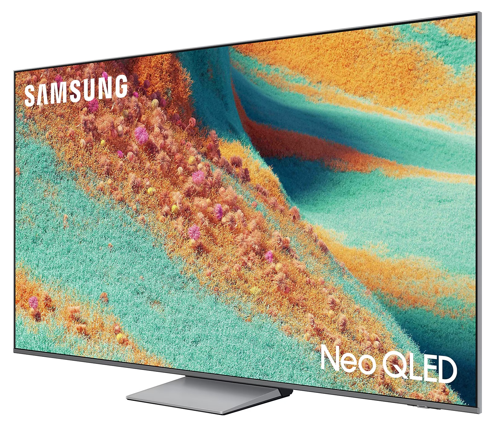 Duży telewizor Samsung Neo QLED w widoku pod kątem, wyświetlający abstrakcyjny, kolorowy obraz.