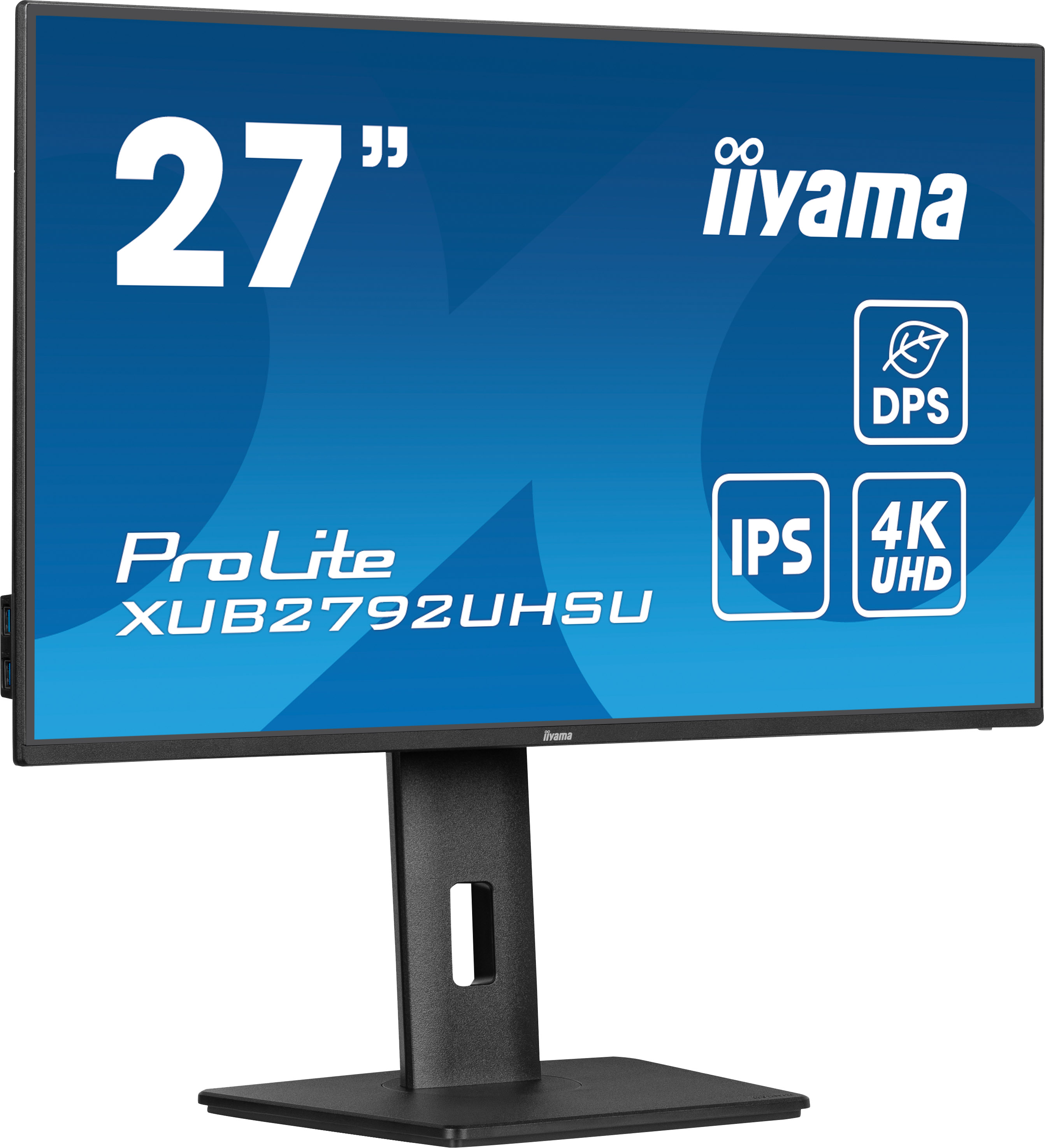 Schräge Ansicht eines 27-Zoll-Iiyama-Monitors mit schwarzem Ständer. Merkmale: IPS, 4K UHD und DPS.