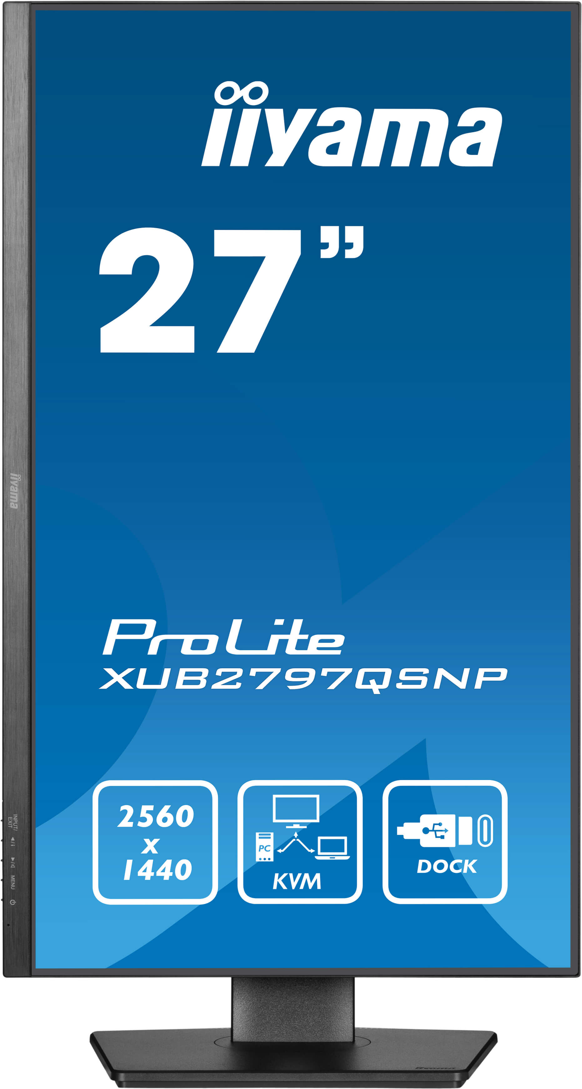 Iiyama ProLite Monitor, 27 Zoll, mit blauem Hintergrund und dem Produktmodellnamen.
