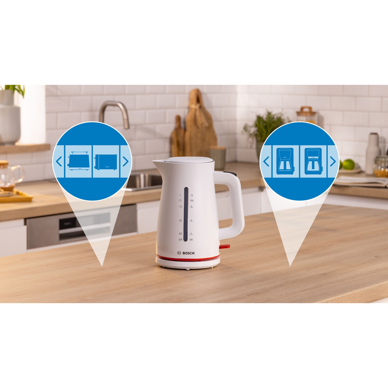 Bollitore elettrico bianco con base rossa e icone che mostrano diversi elettrodomestici.