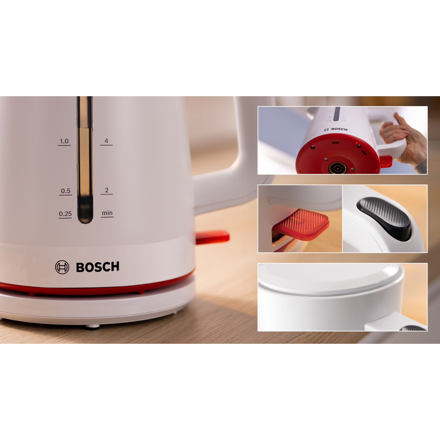 Un bollitore Bosch bianco con dettagli rossi e un collage visivo.