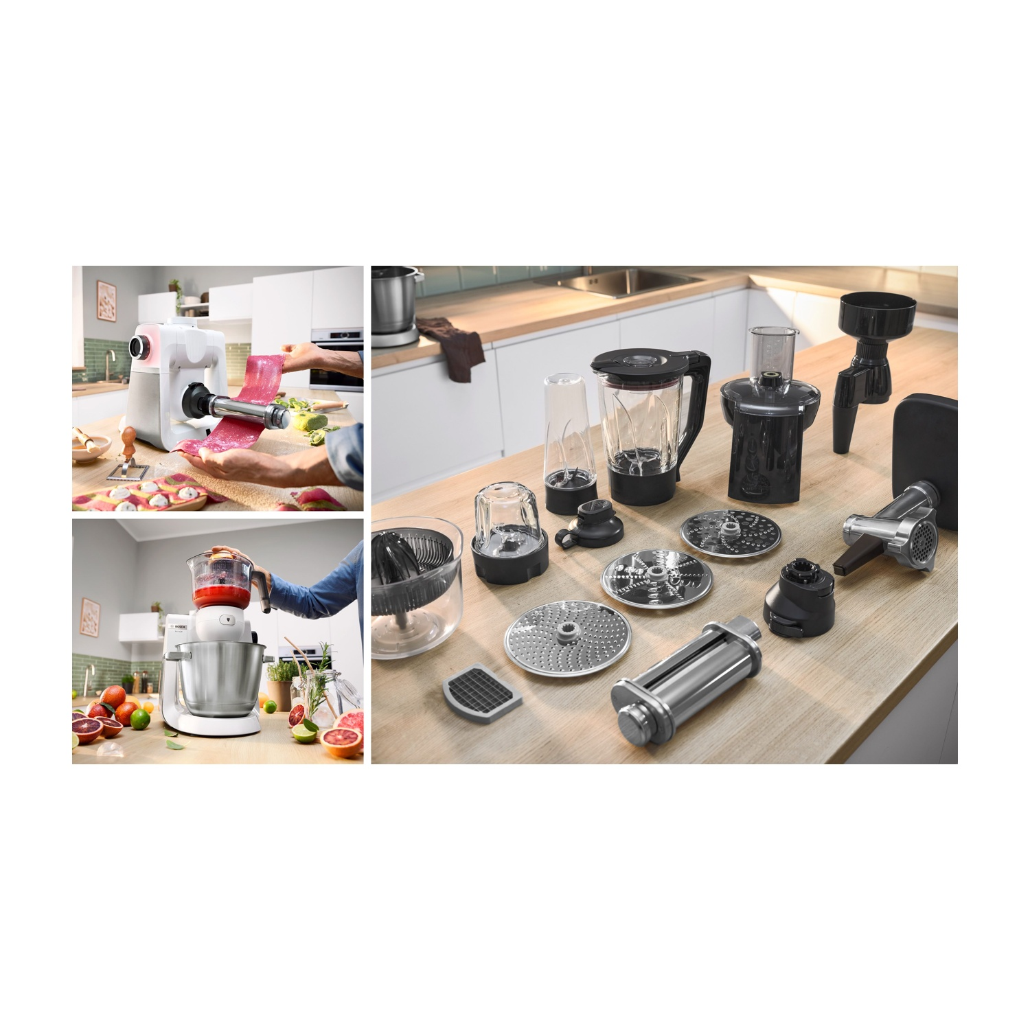 Composito di utilizzo del robot da cucina: affettare, frullare ed esposizione degli accessori.