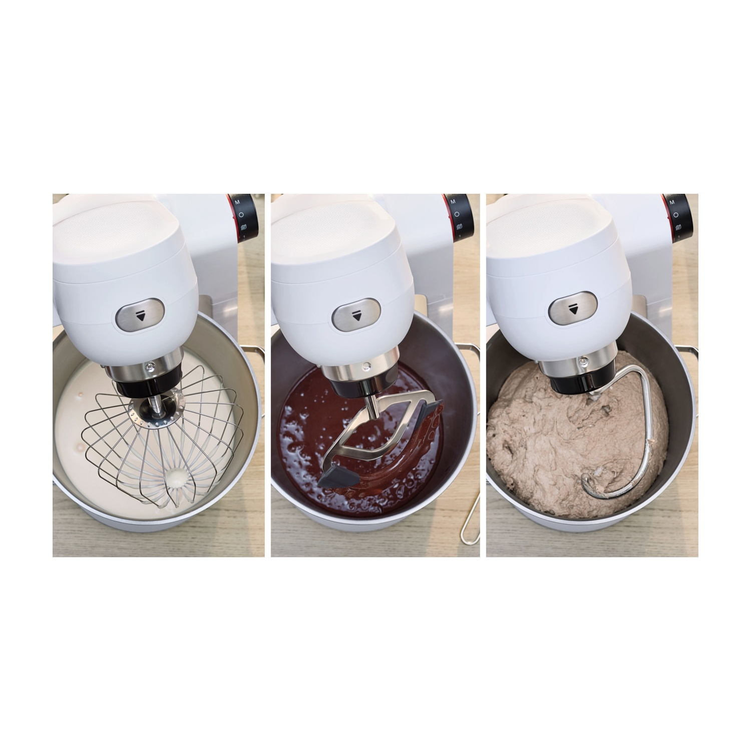 Un robot da cucina bianco con tre diversi accessori che mescolano ingredienti in ciotole in acciaio inossidabile.
