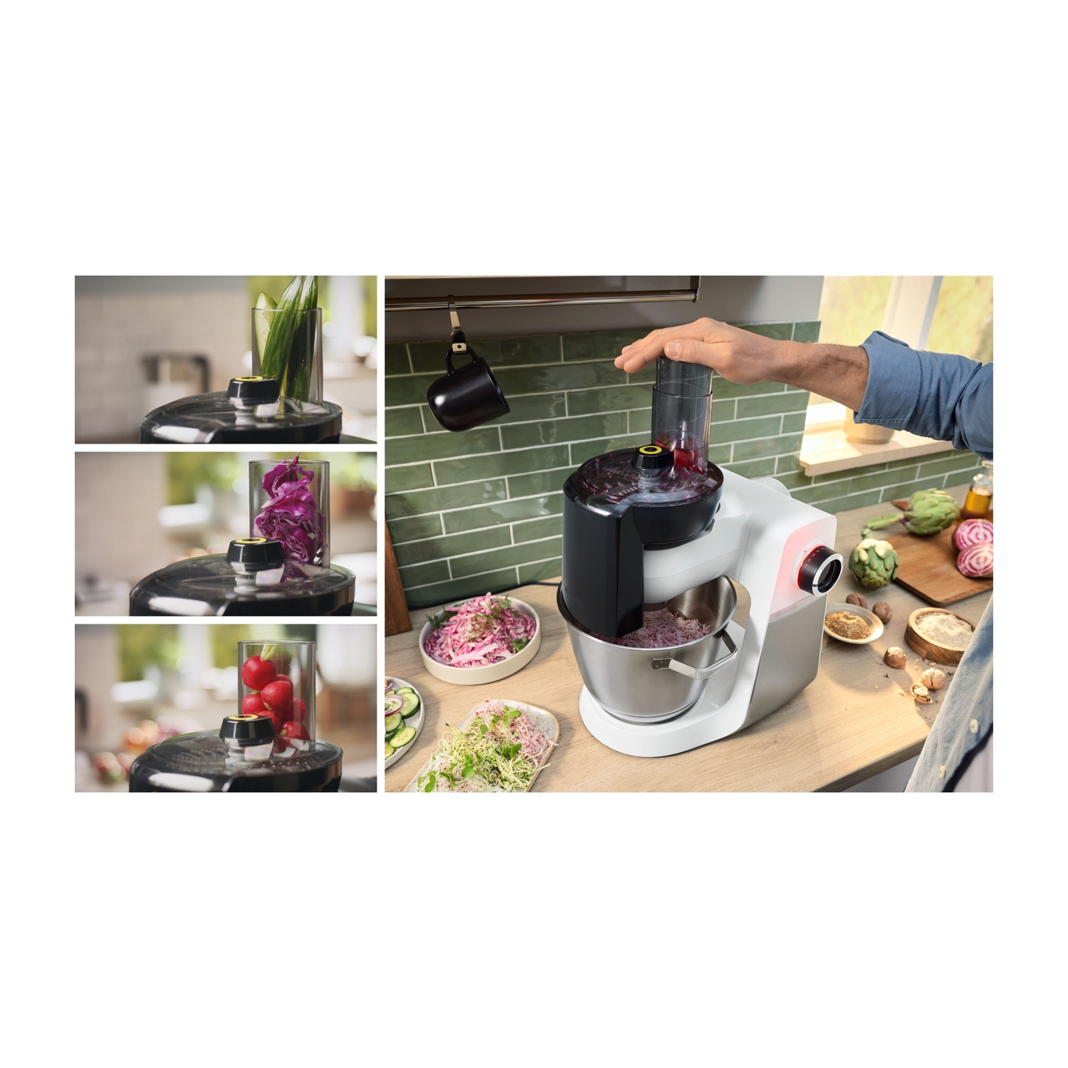 Una persona usa un robot da cucina. Ci sono verdure e cibo preparato nella scena.
