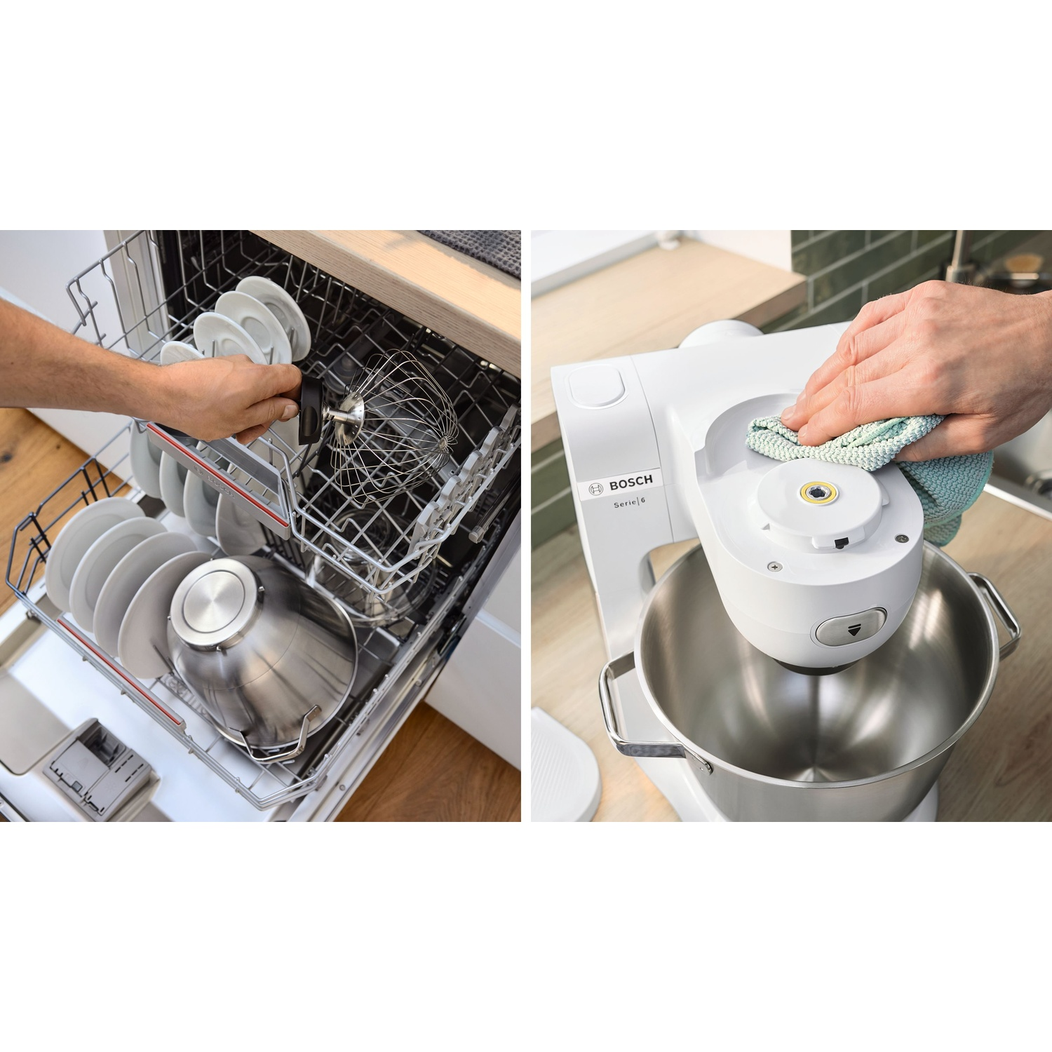 Due immagini: caricamento lavastoviglie e una persona pulisce un mixer Bosch bianco.