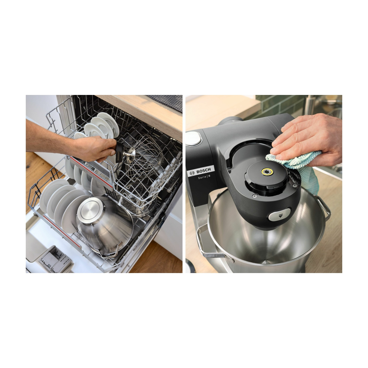 Scena in cucina: una lavastoviglie viene caricata, un mixer viene pulito. Entrambi sono in una cucina.