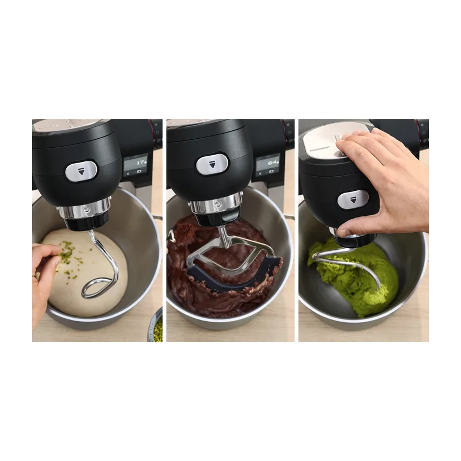 Robot da cucina con gancio impastatore che mescola l'impasto, frusta che monta il cioccolato e miscela verde che si mescola.