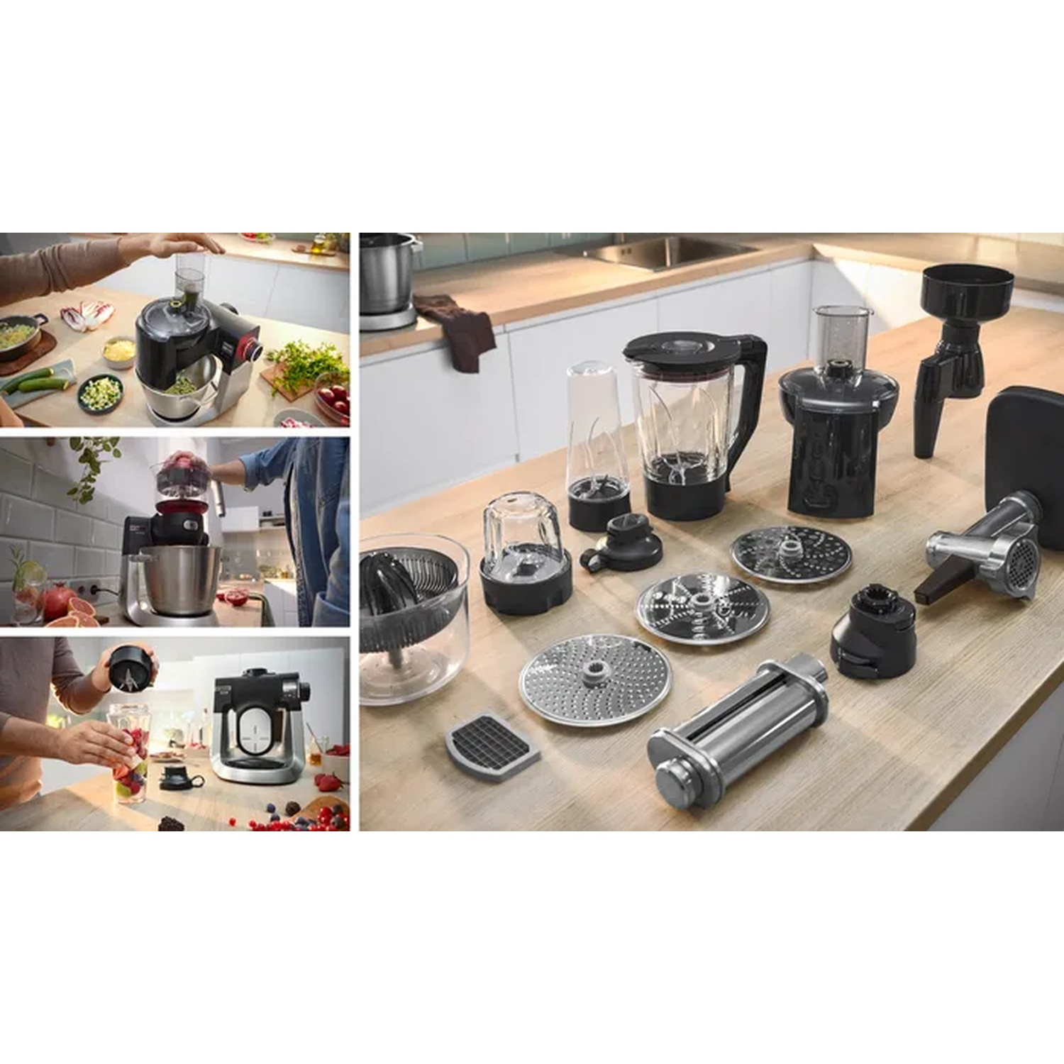 Accessori multipli per un robot da cucina. Parti per frullare, tritare e altre operazioni di lavorazione degli alimenti.