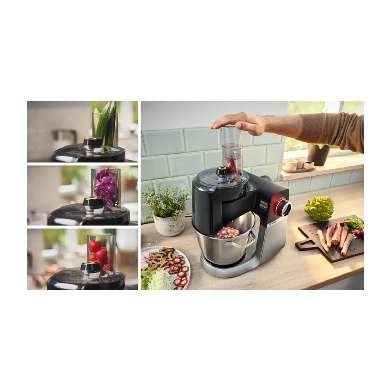 Un elettrodomestico da cucina è mostrato con altri alimenti e ingredienti. Tre inserti mostrano i diversi usi dell'apparecchio.