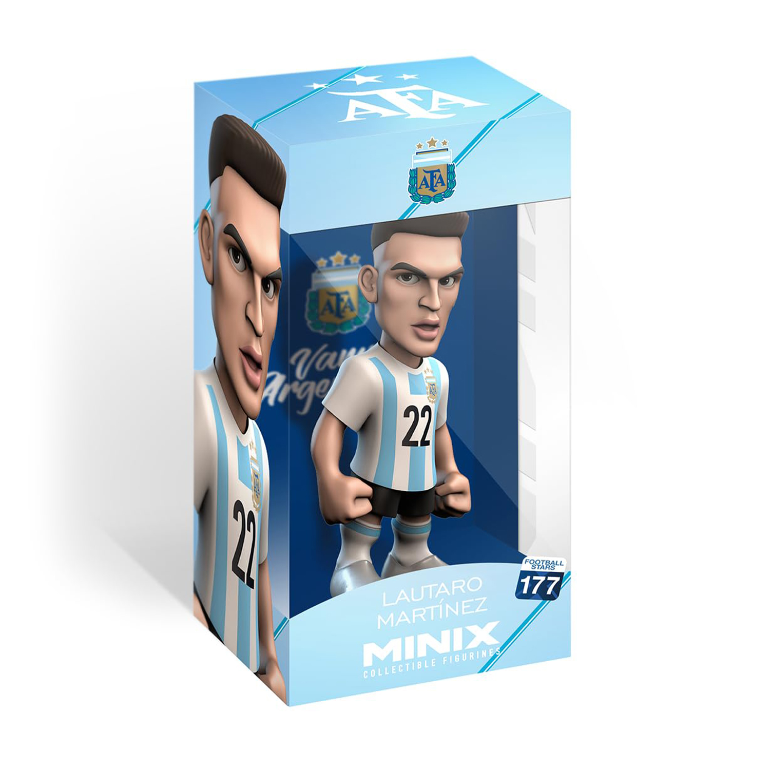 Figura da collezione in scatola di Lautaro Martínez con divisa argentina. Immagine stilizzata di un calciatore.
