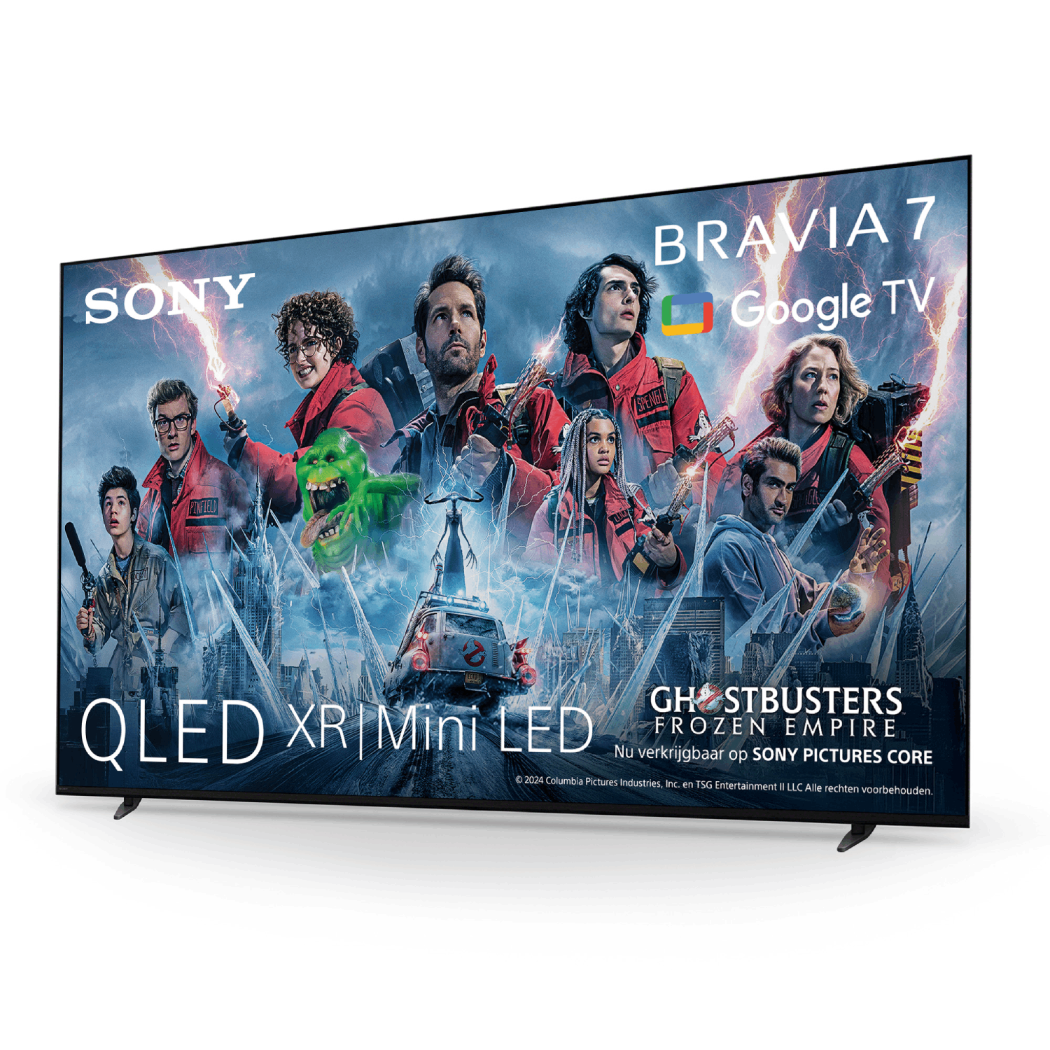Een groot scherm-tv met een filmposter met acteurs en een logo.