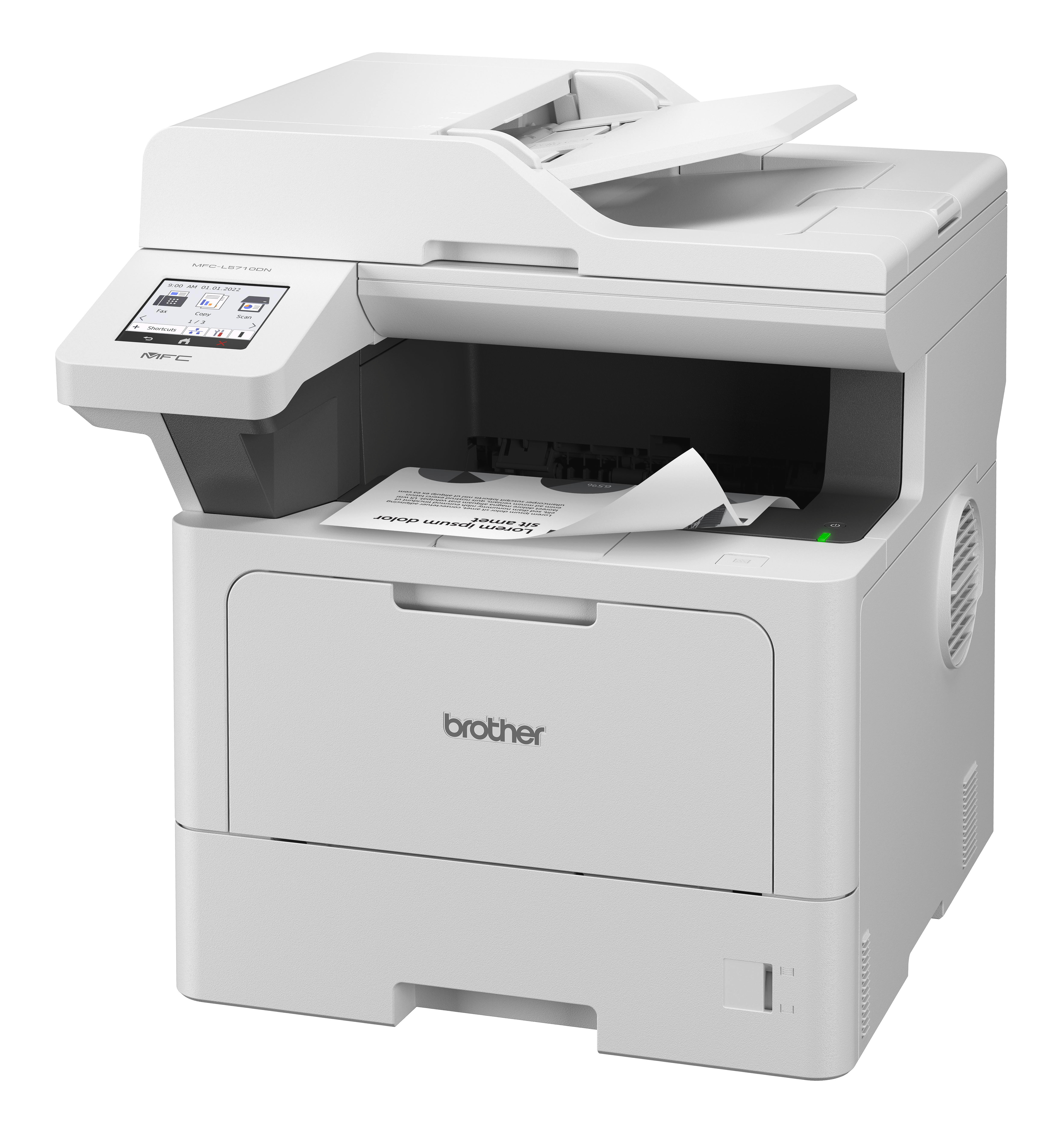 Ein weißer Brother-Drucker wird von vorne gezeigt, mit Papier, das herauskommt.
