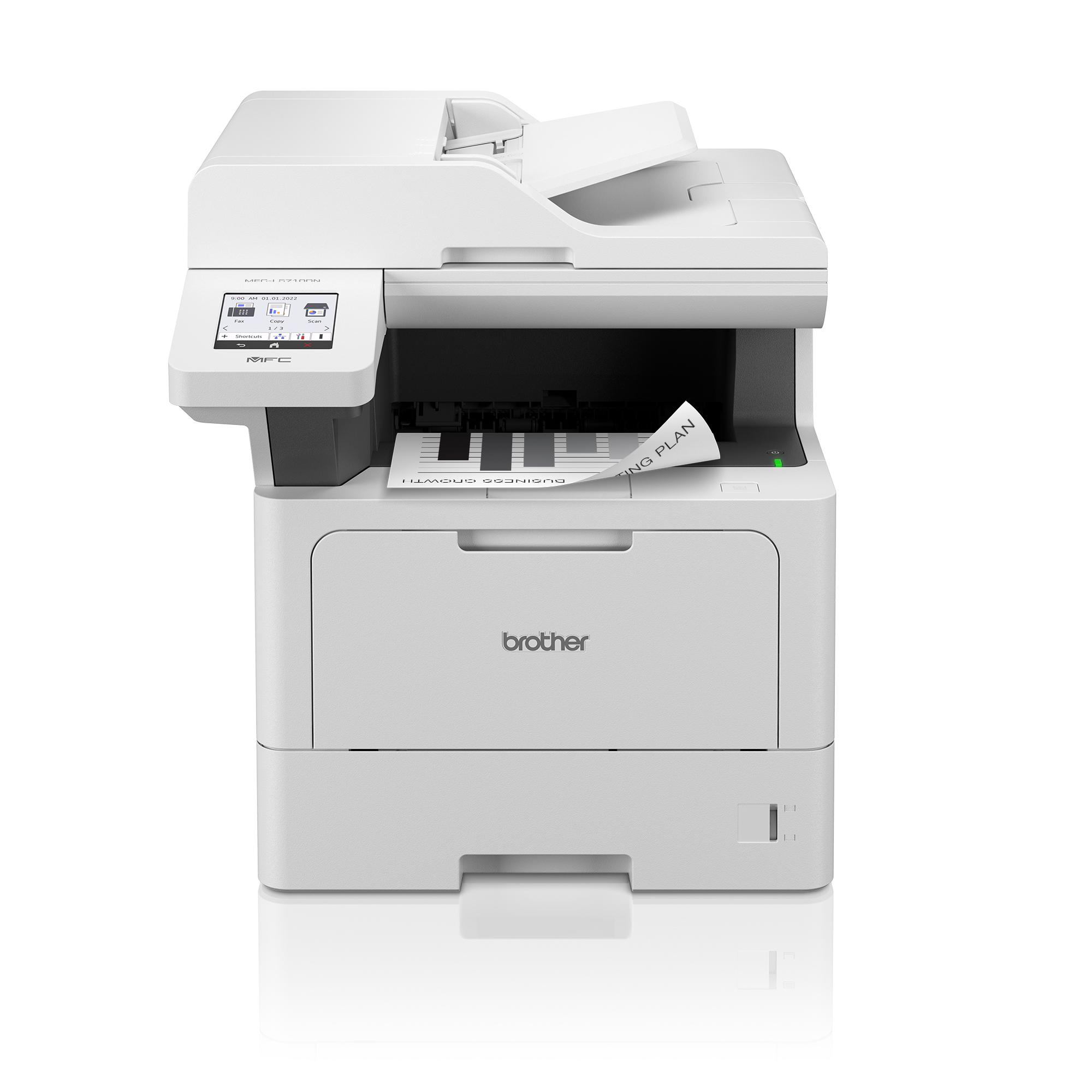 Weißer Brother Multifunktionsdrucker mit Papierausgabe und Bedienfeldanzeige.