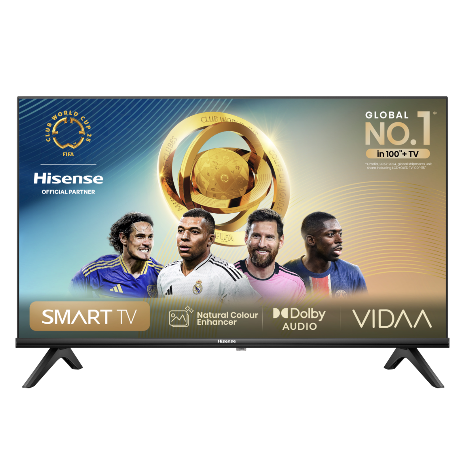 Een Hisense Smart TV toont het FIFA World Cup-logo en afbeeldingen van voetballers.