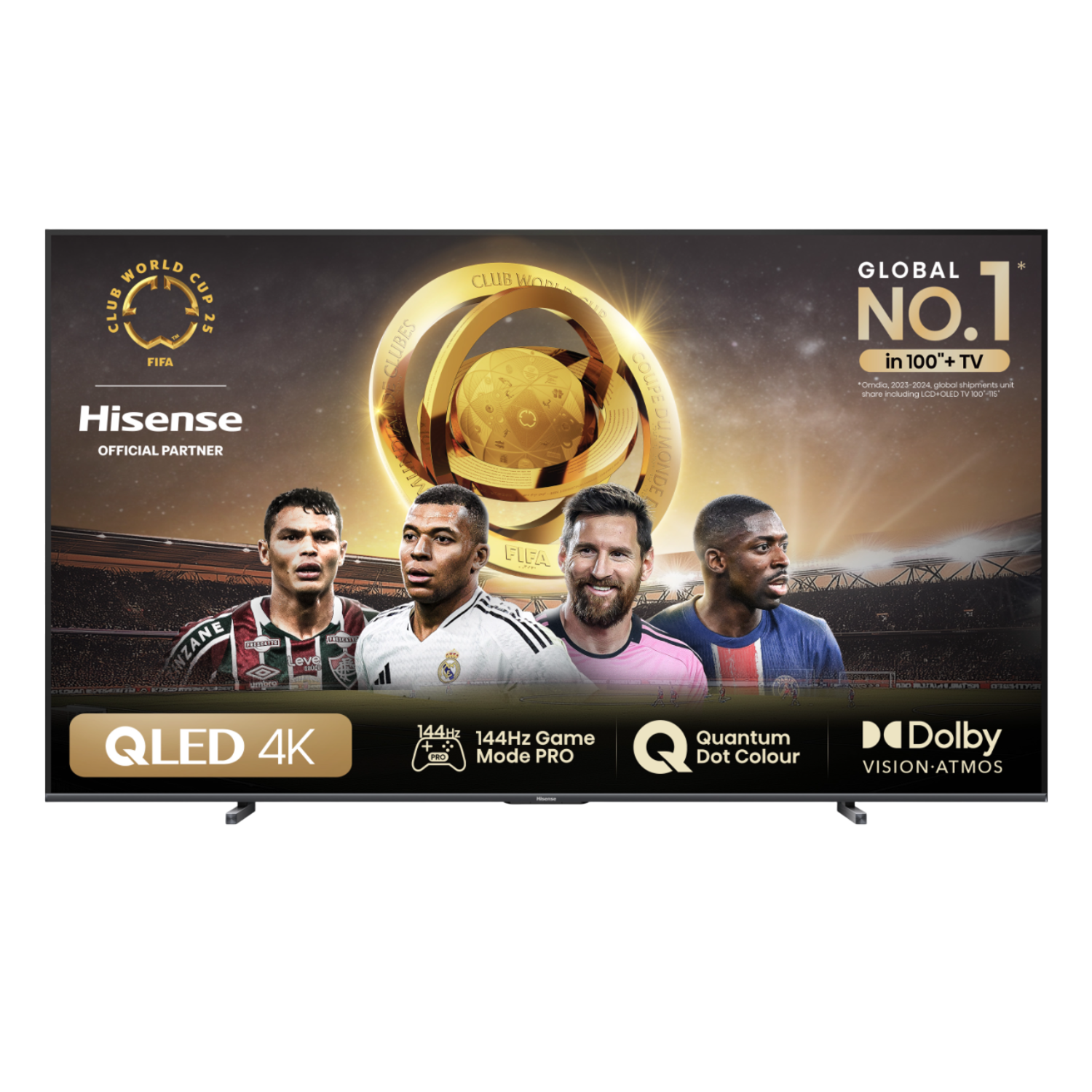 Een groot tv-scherm met spelers en een gouden beker, met tekstoverlay.
