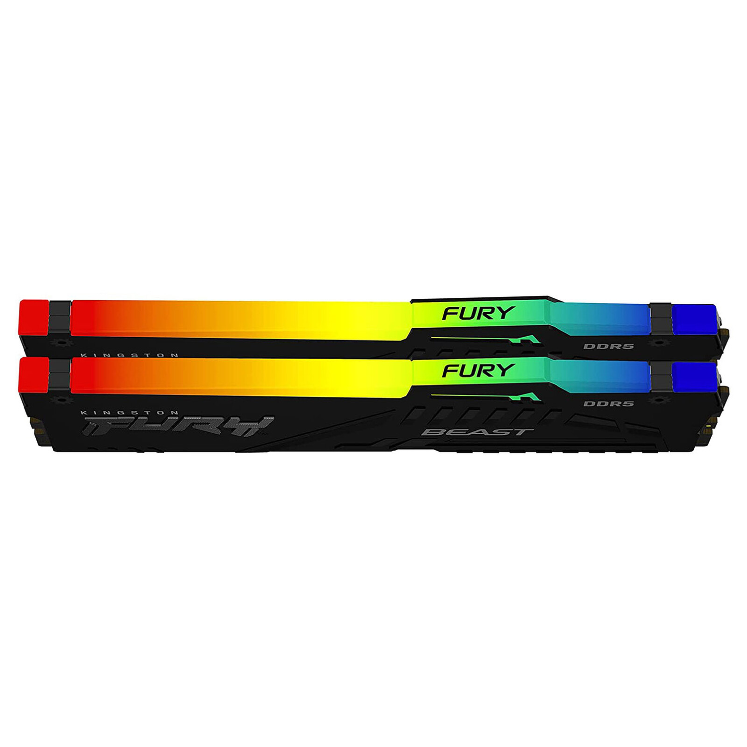 Twee Kingston Fury Beast DDR5 RAM-modules met RGB-verlichting, zwarte koellichamen en branding.