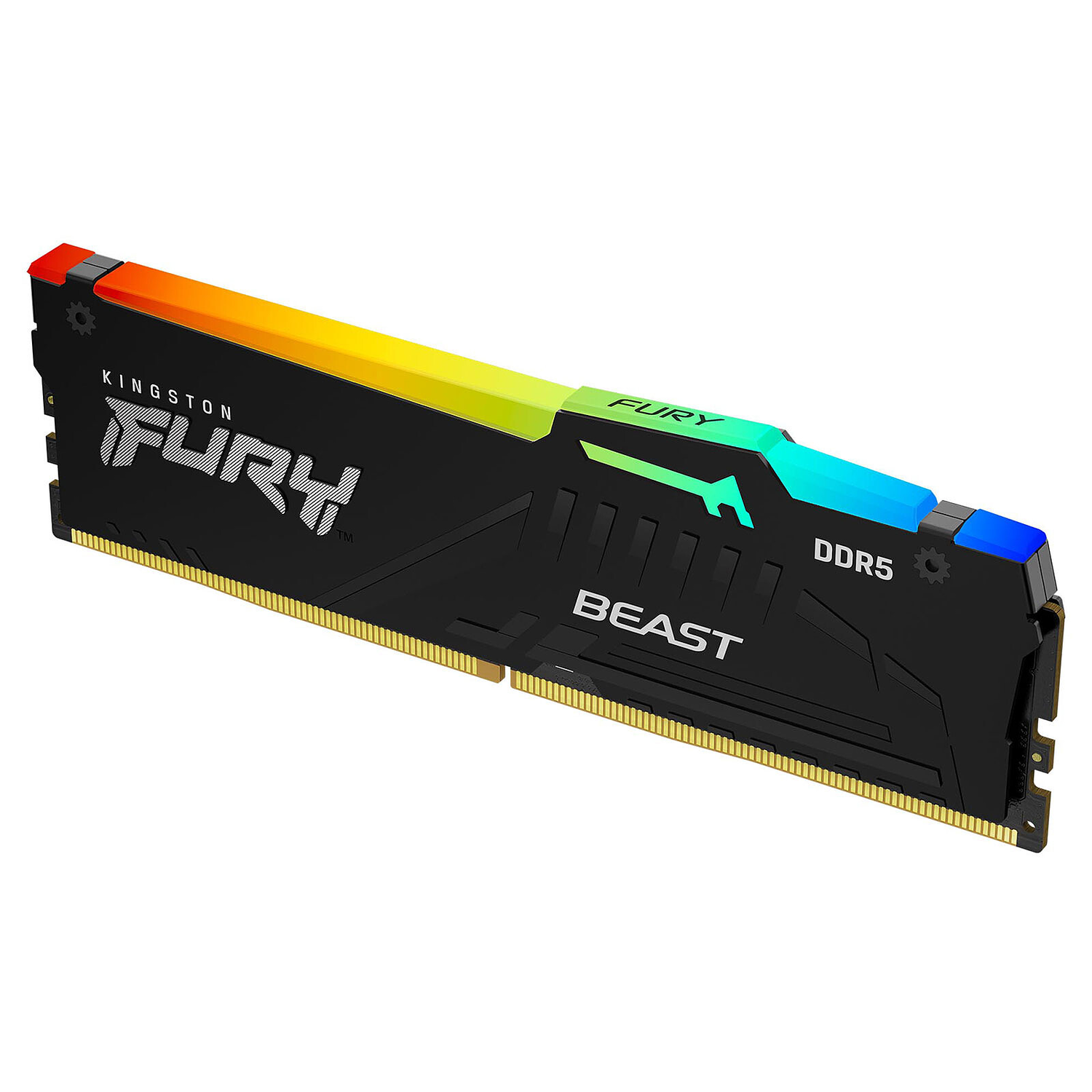 Zwarte RAM-stick met regenboog-LED, met opschrift Kingston FURY BEAST DDR5.