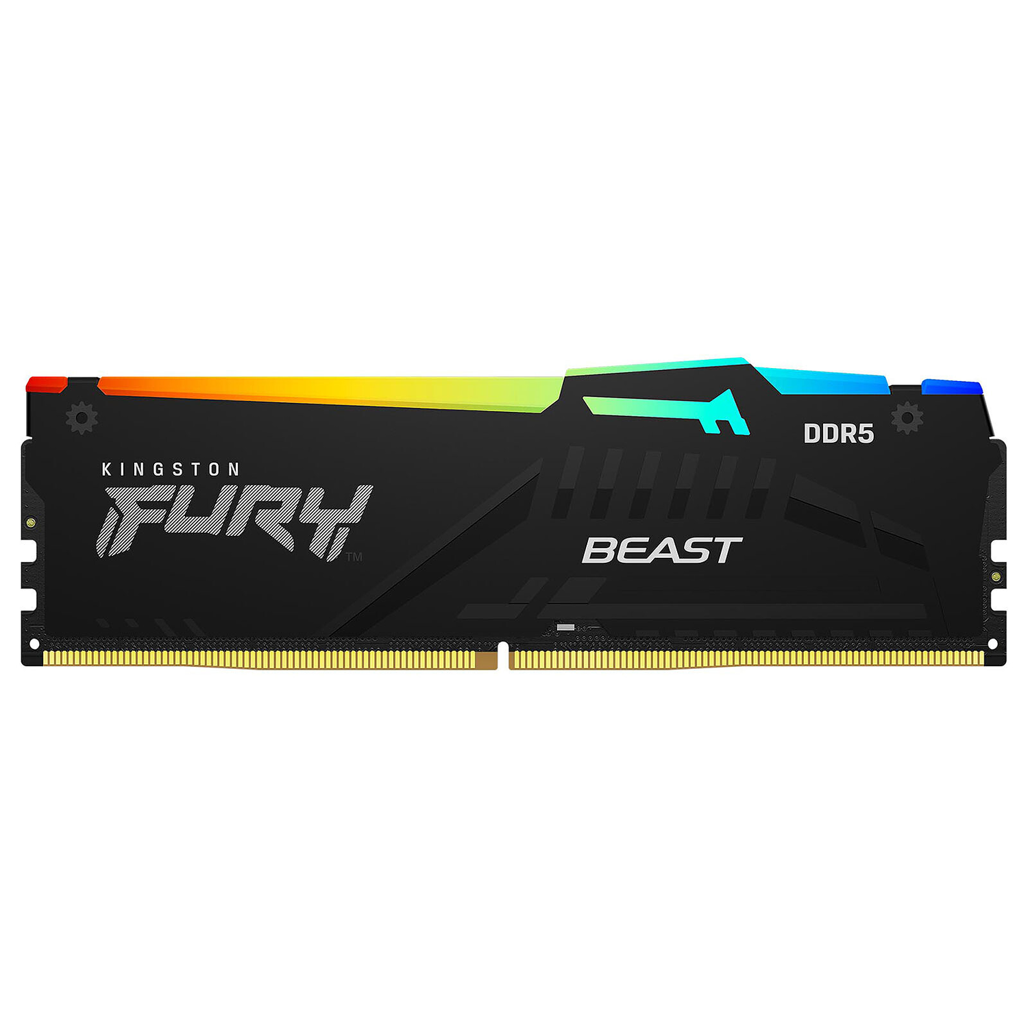 Zwarte RAM-stick met regenboog-LED, met opschrift Kingston FURY BEAST DDR5.