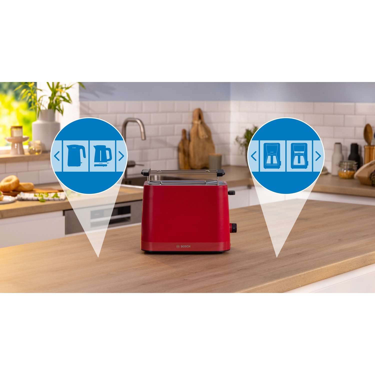 Tostapane rosso Bosch con icone blu. Cucina, caffettiera, bollitore e alternative.