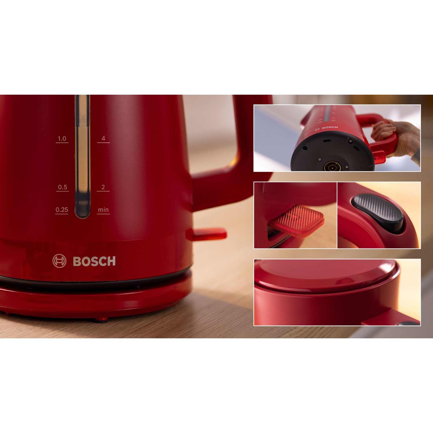Bollitore elettrico Bosch rosso con più immagini che mostrano dettagli come la maniglia e il coperchio.