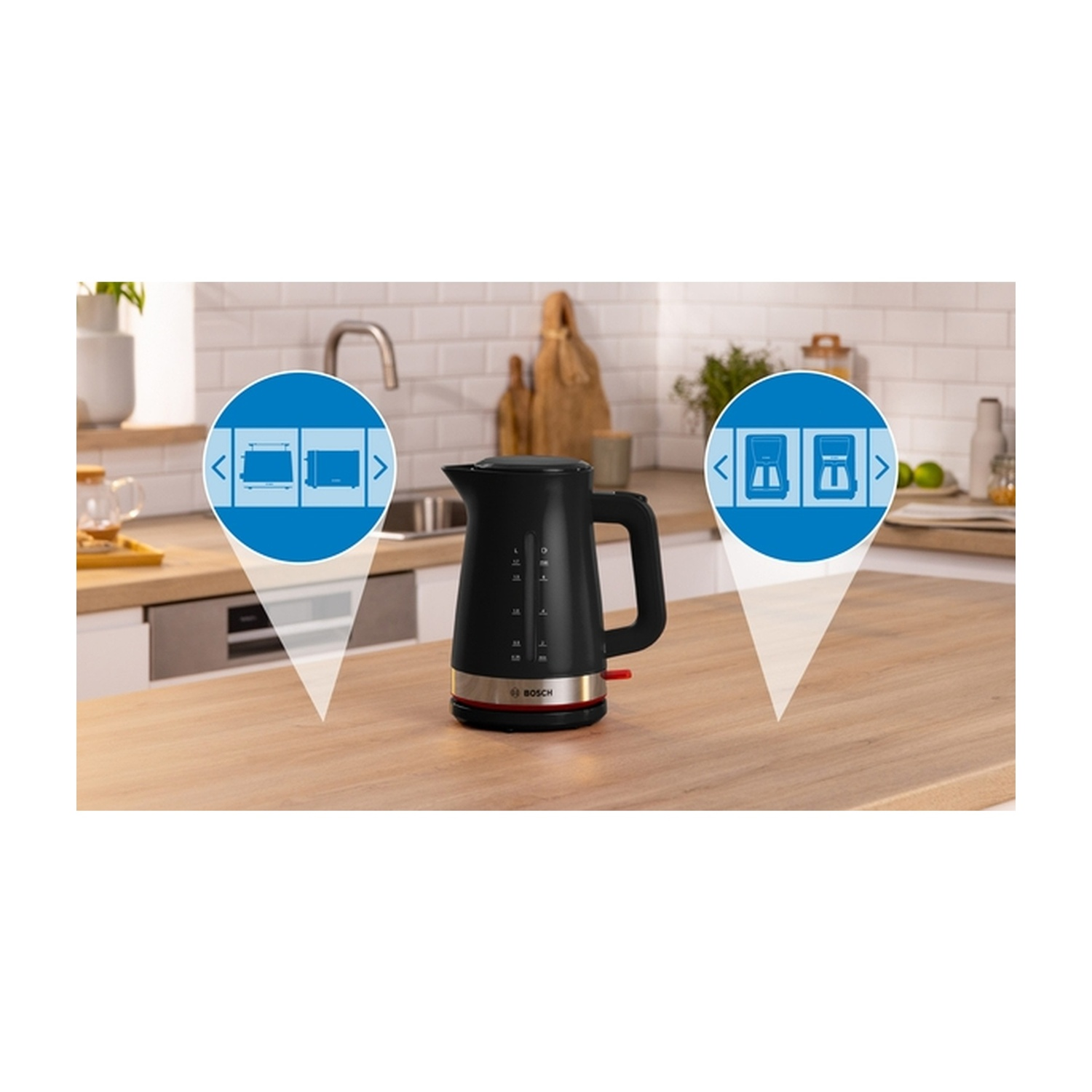 Bollitore elettrico nero su una superficie di legno, con icone delle funzioni, pulsante rosso e sfondo cucina.
