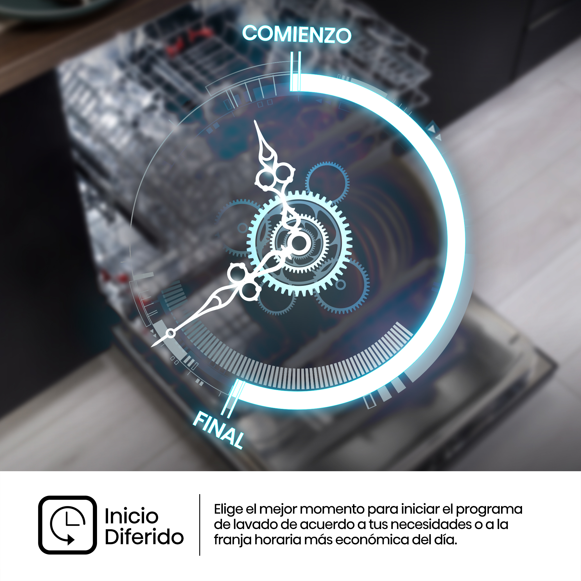Un lavavajillas con una superposición de reloj digital que indica el inicio y la finalización.