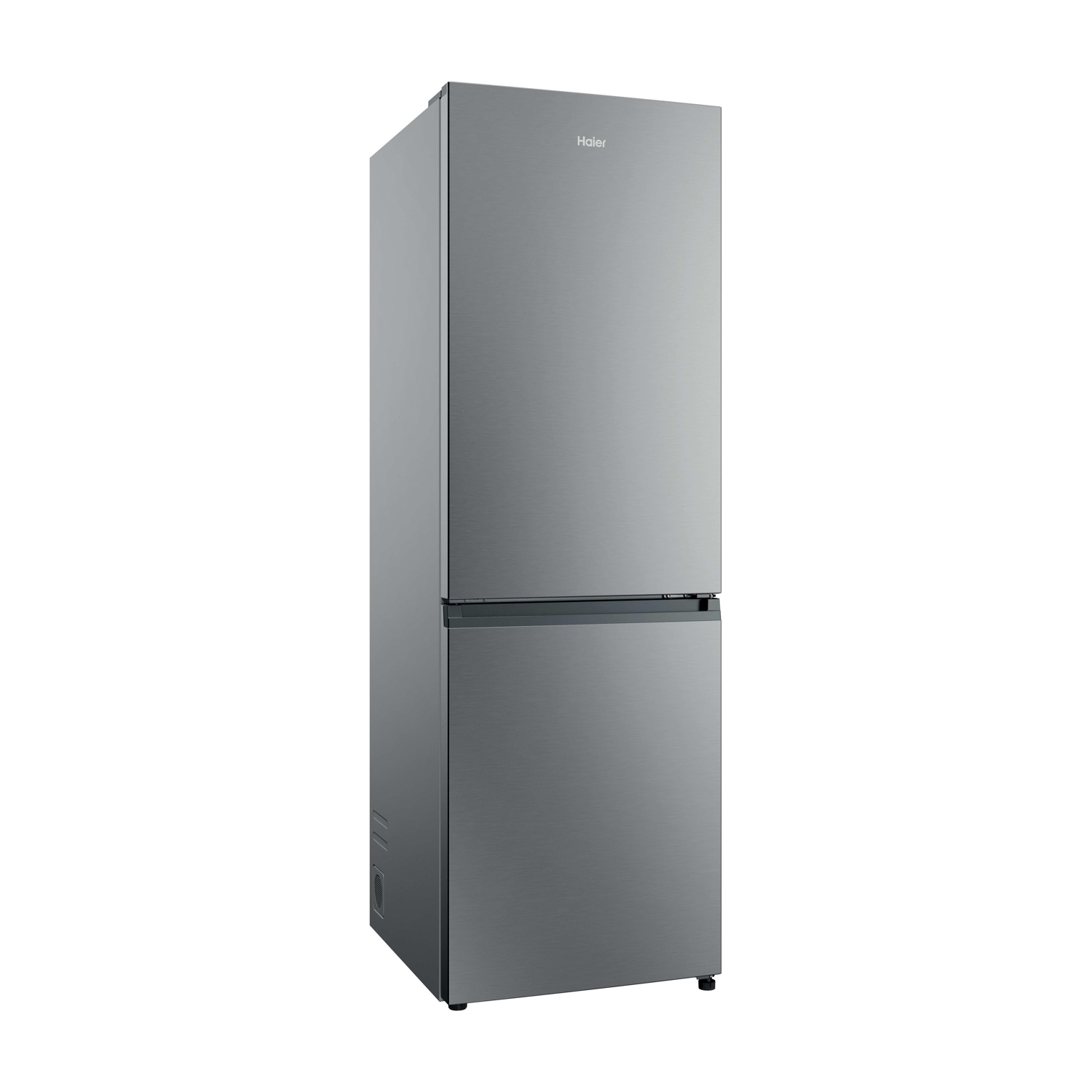 Un frigorifero Haier argento con due porte su uno sfondo bianco semplice.