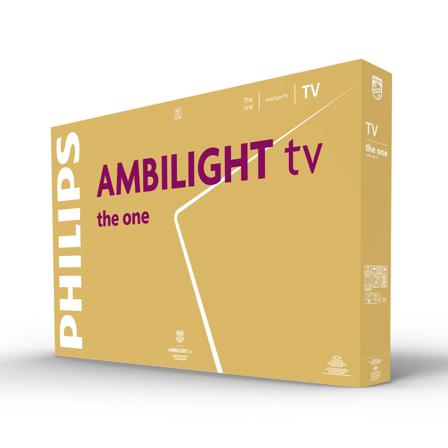 Üzerinde TV adı bulunan altın renkli bir Philips Ambilight TV kutusu.