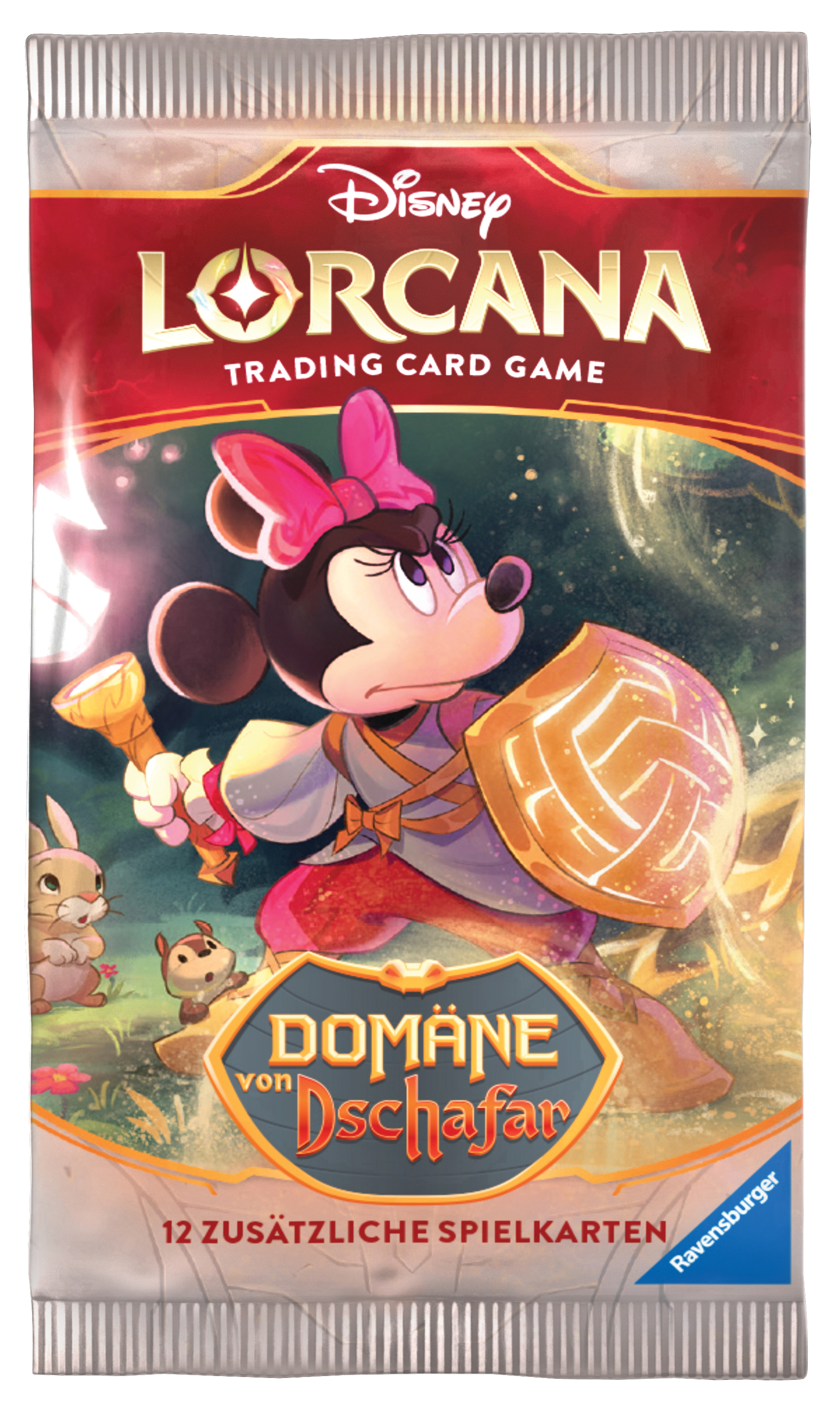Ein Disney Lorcana Trading Card Game Pack mit Minnie Mouse als Kriegerin auf der Vorderseite.