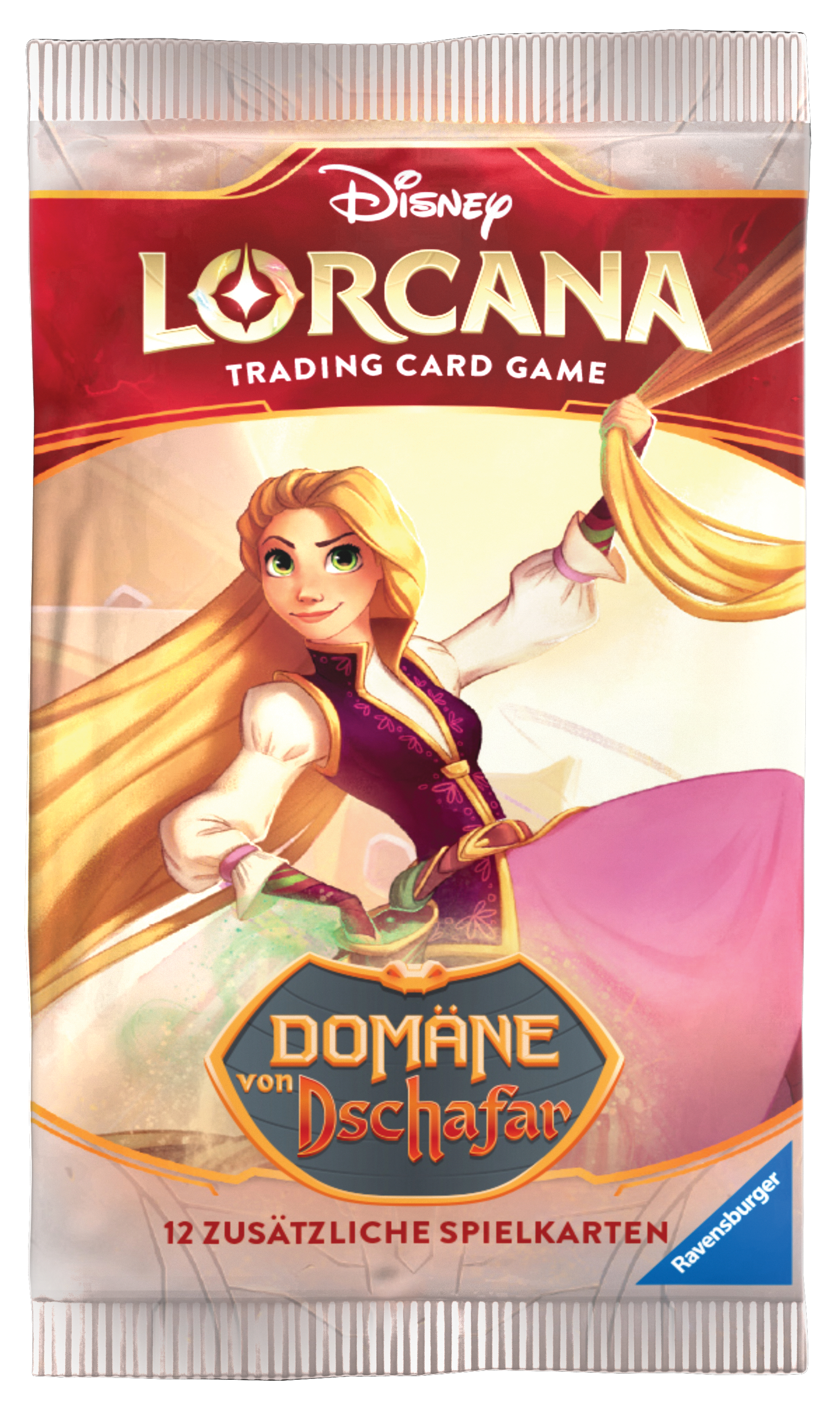 Disney Lorcana Trading Card Pack mit Rapunzel mit langen gelben Haaren auf weißem Hintergrund.