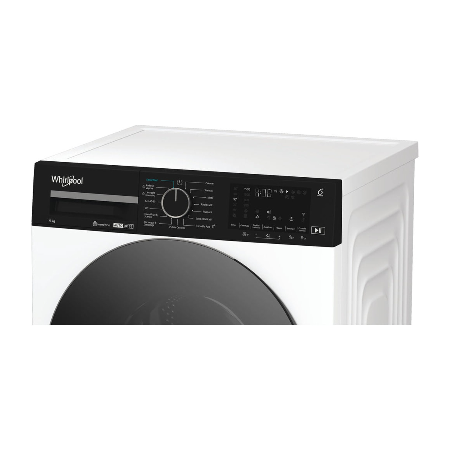 Primo piano del pannello di controllo di una lavatrice Whirlpool bianca, con dettagli neri e display.