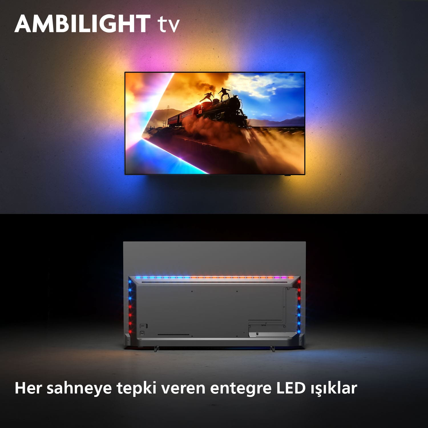 Duvarında ortam aydınlatması olan bir tren sahnesini gösteren TV.