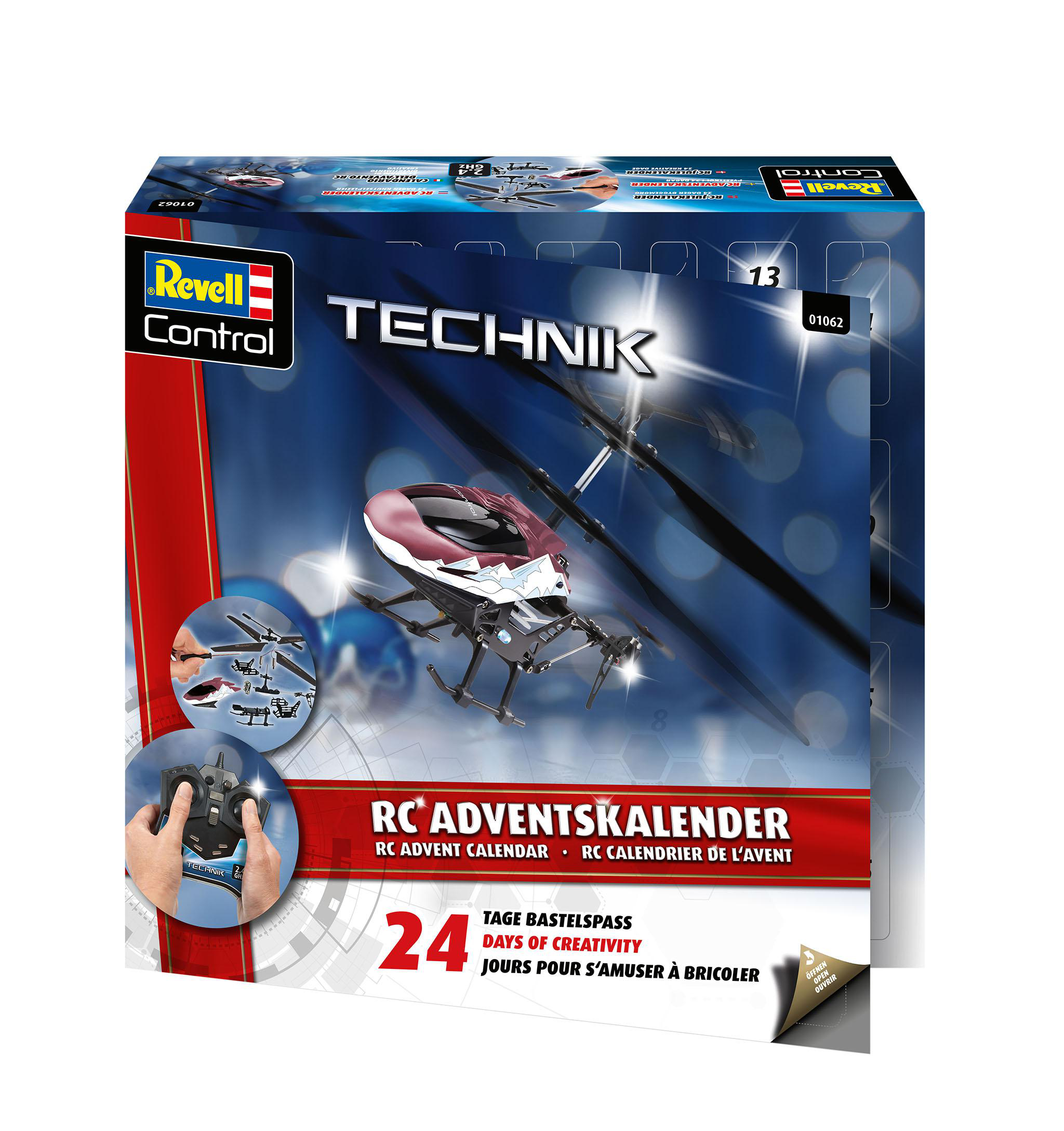 Ein Revell Control RC Adventskalender mit einem Modellhubschrauber auf der Vorderseite. Rot und Weiß.