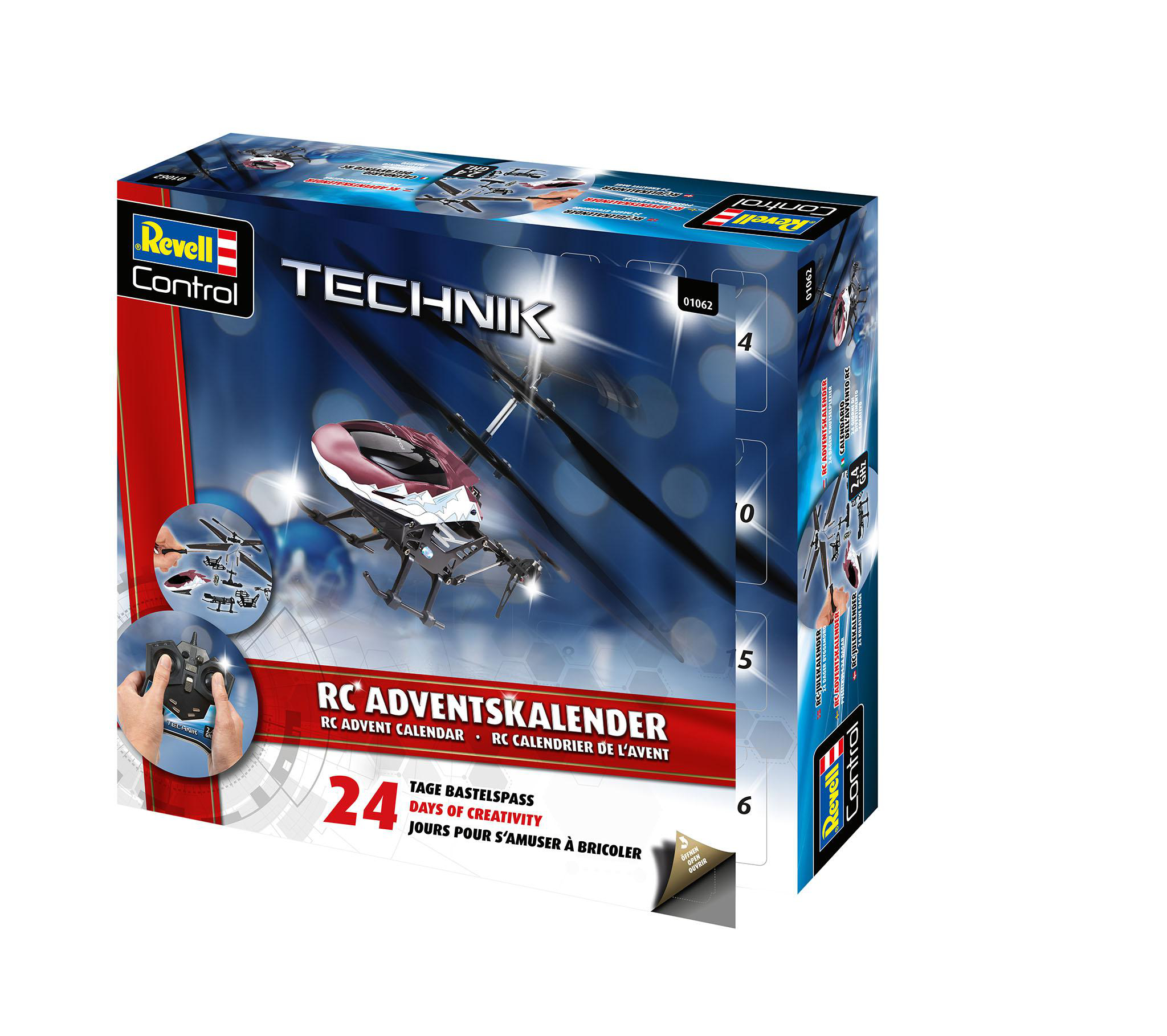 Revell Control RC Adventskalenderbox mit Helikoptermodell und Fernbedienungsbild.